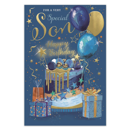 Birthday Card for a Very Special Son, Cake and Balloon Design