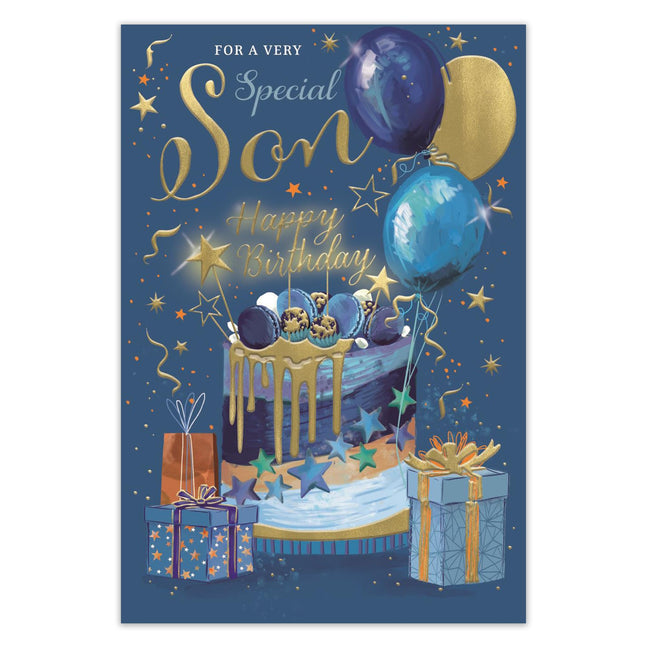 Birthday Card for a Very Special Son, Cake and Balloon Design