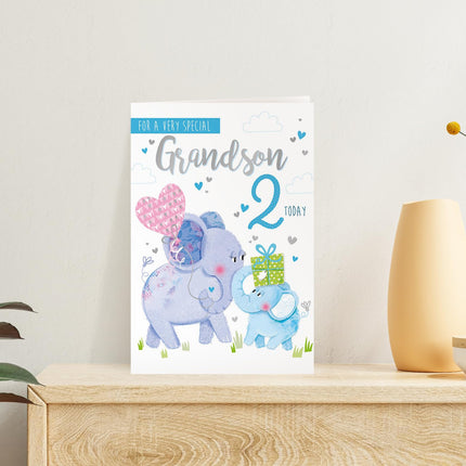 2nd Birthday Card for a Special Grandson, Cute Elephant & Baby