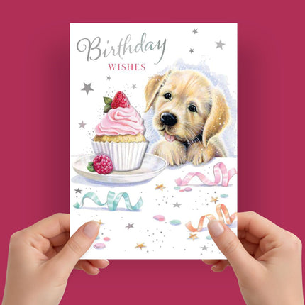 Birthday Card for Her - Cute Puppy & Cupcake Design with 3D Embellishment & Foil Finish, Eco-Friendly & Made in the UK