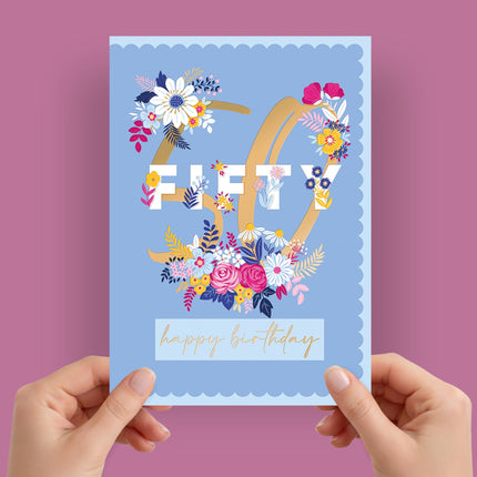 50th Birthday Card for Her, Elegant Floral Design