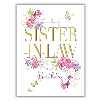Birthday Card for Sister In Law - Pretty Floral & Butterfly Design - Birthday Greeting Card with Envelope - For a Lovely Sister In Law - For Her