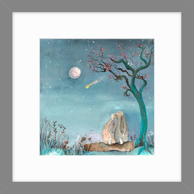 Hares Framed Print Wall Art - Animal Themed Home Decor - Sarah Reilly Artwork - Ready to Hang 'Stars and Dreams' Painting - 43.5 x 43.5cm