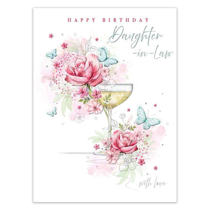 Birthday Card for Daughter in Law - Floral Drink & Butterflies Design with Embossed Foil Finish, Eco-Friendly & Made in the UK