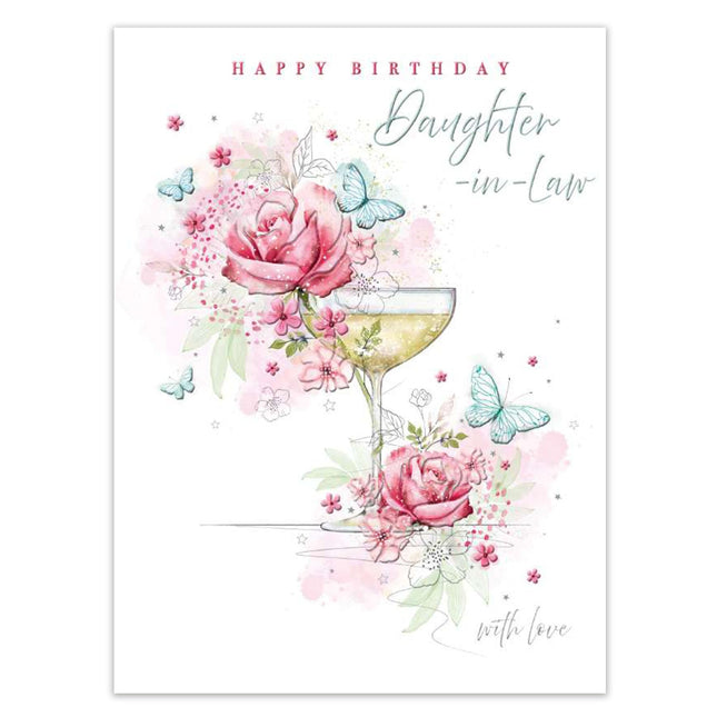 Birthday Card for Daughter in Law - Floral Drink & Butterflies Design with Embossed Foil Finish, Eco-Friendly & Made in the UK