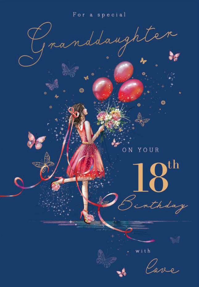 18th Birthday Card for Granddaughter - Age 18 Elegant Girl & Floral Butterfly Design - Premium Greeting Card with Envelope