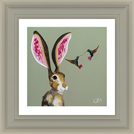 Artistic Hare & Hummingbirds Framed Print Wall Art - 'Strawberry Shortcake' by Quinn Russell - Wildlife Themed Artwork - Ready to Hang Home Décor - 39cm x 39cm
