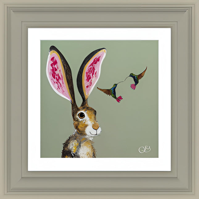 Artistic Hare & Hummingbirds Framed Print Wall Art - 'Strawberry Shortcake' by Quinn Russell - Wildlife Themed Artwork - Ready to Hang Home Décor - 39cm x 39cm