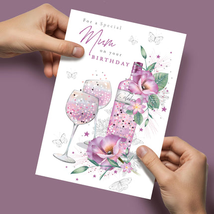 Birthday Card for Mum - Pretty Floral Wine Design - Premium Greeting Card with Envelope