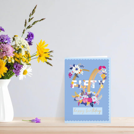 50th Birthday Card for Her, Elegant Floral Design