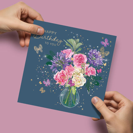 Birthday Card for Women - Pretty Flower Bouquet & Butterflies Design - Gold Foil Finish - Premium Greeting Card with Envelope