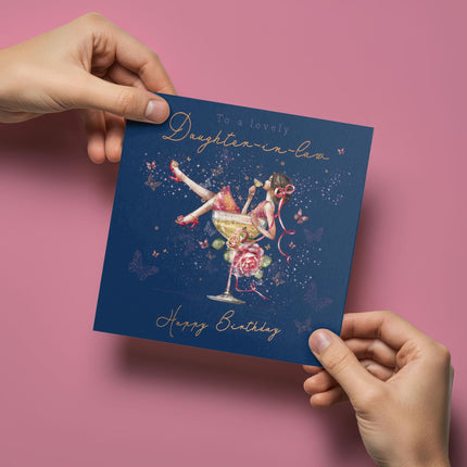Birthday Card for Daughter-In-Law - Pretty Floral Cocktail Design - Premium Greeting Card with Envelope
