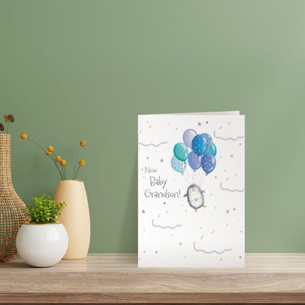 New Baby Grandson Congratulations Card - Cute Penguin & Balloons with Embossed Foil Finish, Eco-Friendly & Made in the UK