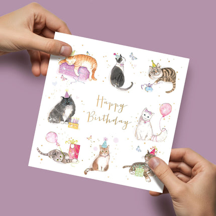 Birthday Card for Women - Cute Cats in Party Hats Design - Gold Foil Finish - Premium Greeting Card with Envelope