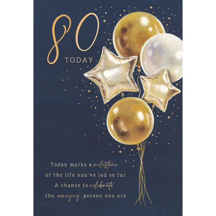 80th Birthday Card - Age 80 Happy Birthday Card with Gold Balloons & Special Finish - Birthday Card for Men