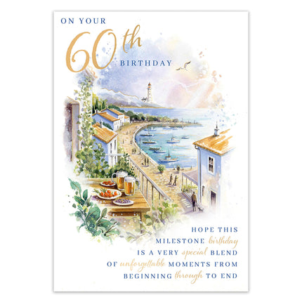 60th Birthday Card for Him - Coastal Harbour Design with Foil Finish & Illustrated Inner, Eco-Friendly & Made in the UK, Greeting Card with Envelope