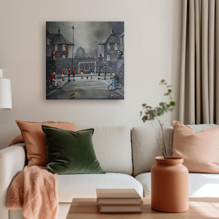Football Game Canvas Print Wall Art - 'Derby Day' by Adam Barsby - Nostalgic Childhood Street Themed Artwork - Ready to Hang Home Décor - 40 x 40cm