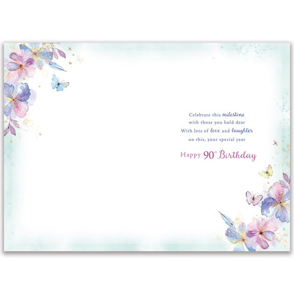 90th Birthday Card for Women - Age 90 Pretty Floral Butterflies Design - Silver Foil Finish - Premium Greeting Card with Envelope