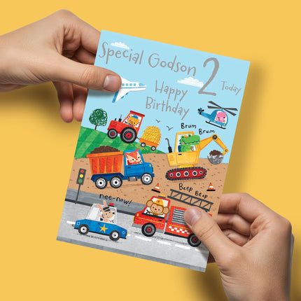 2nd Birthday Card for Godson - Age 2 Cute Animal & Vehicle Design with Trucks, Diggers & Emergency Transport - Premium Greeting Card with Envelope
