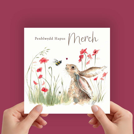Welsh Birthday Card for Daughter, Hare & Flowers Design
