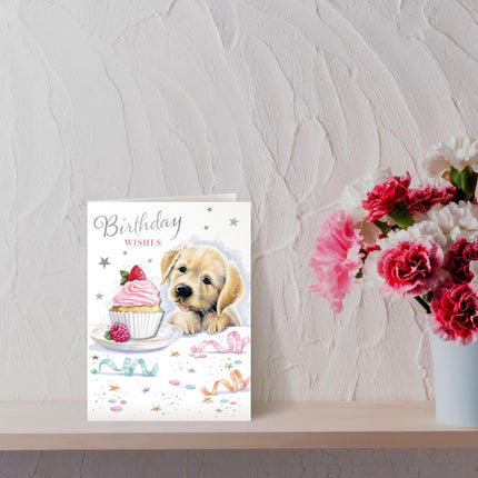 Birthday Card for Her - Cute Puppy & Cupcake Design with 3D Embellishment & Foil Finish, Eco-Friendly & Made in the UK