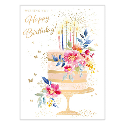 Birthday Card for Women - Pretty Floral Cake & Butterflies Design - Embossed Gold Foil Finish - Premium Greeting Card with Envelope