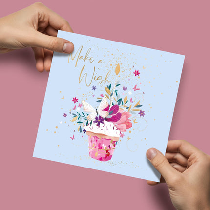 Birthday Card for Women - Pretty Cupcake, Flowers & Butterfly Design - Embossed Gold Foil Finish - Premium Special Birthday Greeting Card with Envelope for Her