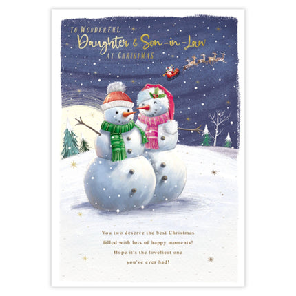 Christmas Card for Daughter & Son-in-Law - Festive Snowmen in Winter Scene - Embossed Gold Foil Finish - Premium Christmas Greeting Card with Envelope