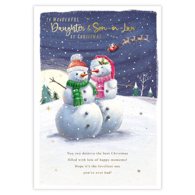 Christmas Card for Daughter & Son-in-Law - Festive Snowmen in Winter Scene - Embossed Gold Foil Finish - Premium Christmas Greeting Card with Envelope