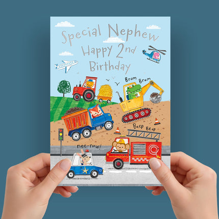2nd Birthday Card for Nephew - Cute Animal & Vehicle Design with Trucks, Diggers & Emergency Vehicles - Age 2 Birthday Greeting Card for Boys