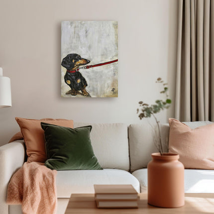 Amusing Sausage Dog Canvas Print Wall Art - 'Battle of the Wills' by Victoria Coleman - Adorable Animal Themed Artwork - Ready to Hang Home Décor - 30 x 40cm