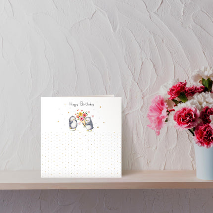 Birthday Card for Her, Cute Penguins and Floral Bouquet