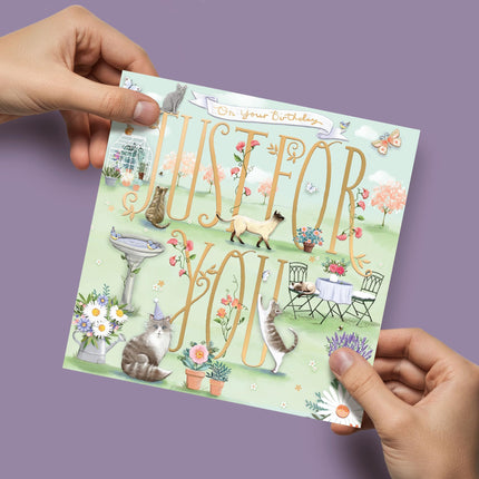 Birthday Card for Women - Cute Cats & Floral Garden Design - Embossed Gold Foil Finish - Premium Greeting Card with Envelope - Just For You