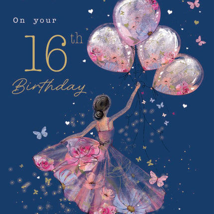 16th Birthday Card for Granddaughter - Age 16 Elegant Girl & Floral Balloons Design - Premium Greeting Card with Envelope