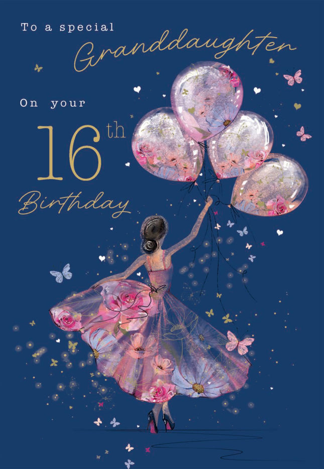 16th Birthday Card for Granddaughter - Age 16 Elegant Girl & Floral Balloons Design - Premium Greeting Card with Envelope