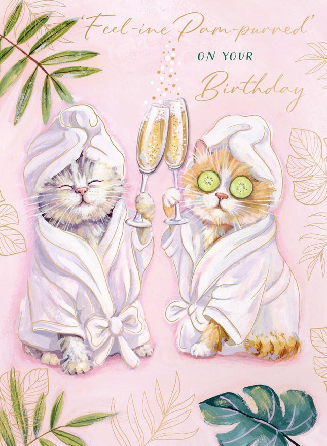 Birthday Card for Women - Cute Cats Being Pampered - 3D Embellishment & Gold Foil Finish - Premium Greeting Card with Envelope