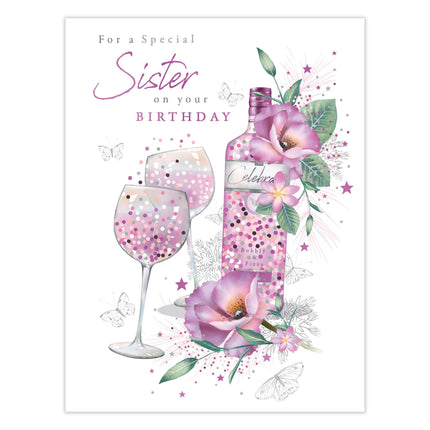 Birthday Card for Sister - Pretty Floral Wine Design - Premium Greeting Card with Envelope