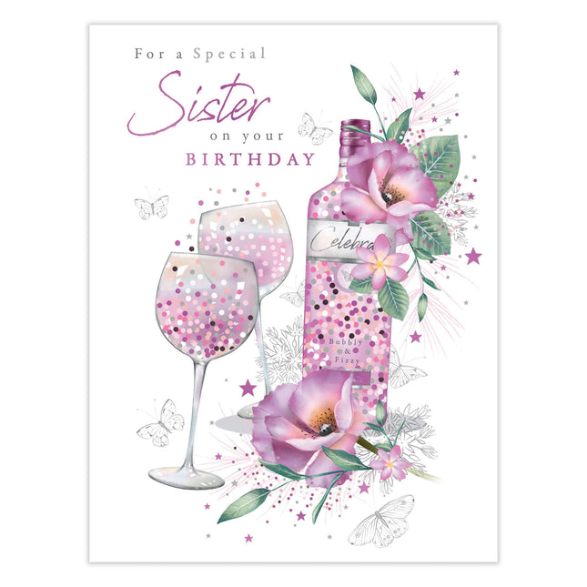Birthday Card for Sister - Pretty Floral Wine Design - Premium Greeting Card with Envelope