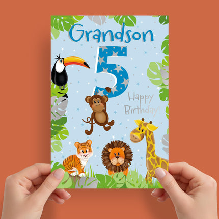 5th Birthday Card for Grandson, Jungle Animals Design