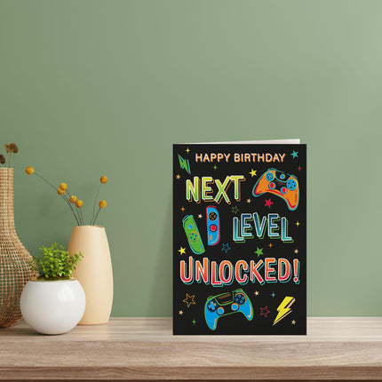Birthday Card for Boys - Gaming Design with Embossed Foil Finish & Illustrated Inner, Eco-Friendly & Made in the UK