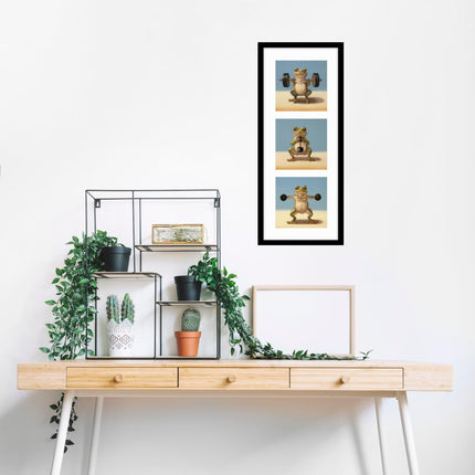Funny Weightlifting Frogs Framed Print Wall Art - 'Frog Triptych' by Lucia Heffernan - Quirky Animal Themed Artwork - Ready to Hang Gym Home Décor - 22cm x 52cm
