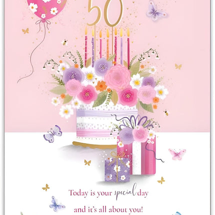 Female 50th Birthday Card - Happy Birthday Card for Women Age 50 with Floral Cake Design and Sentiment Verse