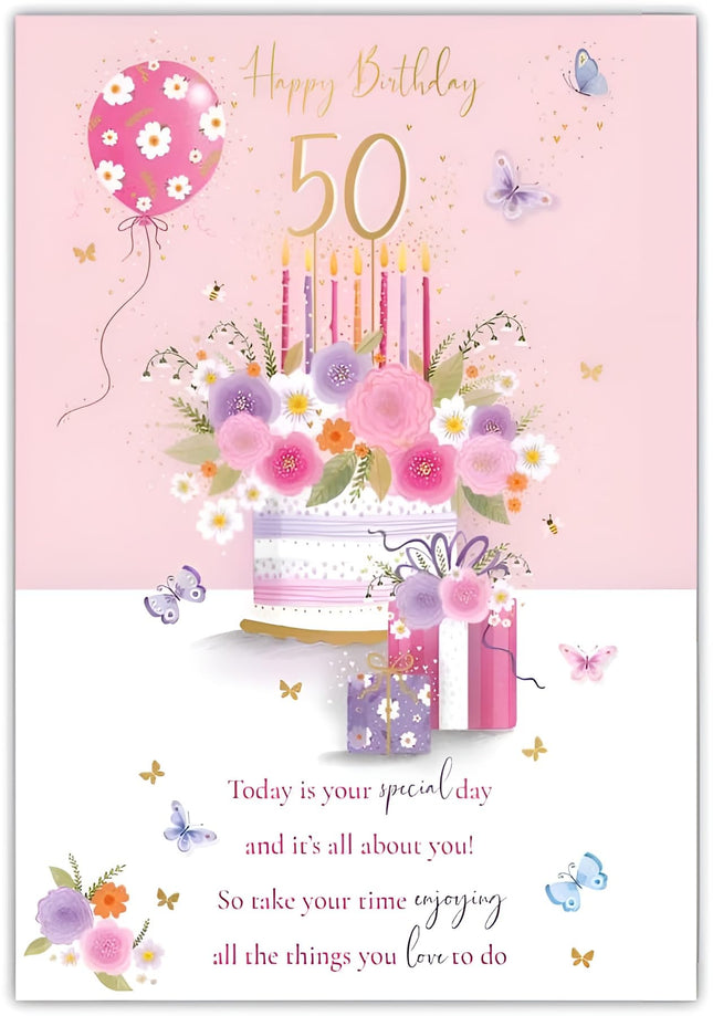 Female 50th Birthday Card - Happy Birthday Card for Women Age 50 with Floral Cake Design and Sentiment Verse