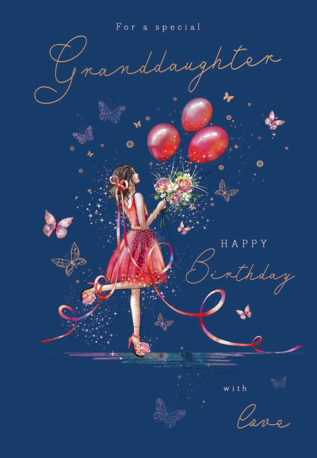 Birthday Card for Granddaughter - Elegant Girl & Floral Butterfly Design - Premium Greeting Card with Envelope