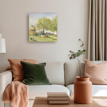 Bunny Rabbits on the Farm Canvas Print Wall Art - Artistic 'The Haystack' by Catherine Stephenson - Countryside Farmer Themed Artwork - Ready to Hang Quirky Home Décor - 30 x 30cm