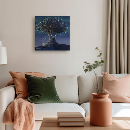 Artistic Rabbit & Magical Tree Canvas Wall Art - 'Follow Your Dream' by Catherine Stephenson - Whimsical Animal Themed Artwork - Ready to Hang Home Décor - 30cm x 30cm