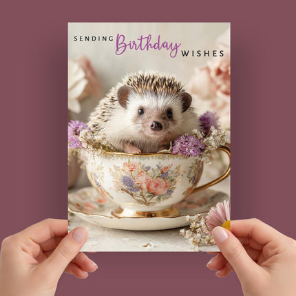 Birthday Card for Her, Cute Teacup Hedgehog