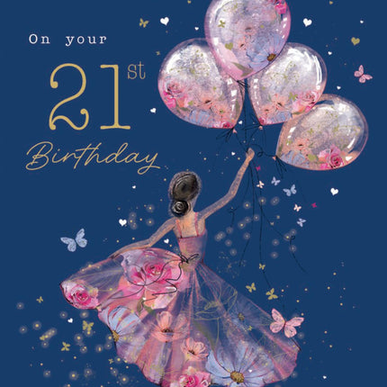 21st Birthday Card for Daughter - Age 21 Elegant Girl & Floral Balloons Design - Premium Greeting Card with Envelope