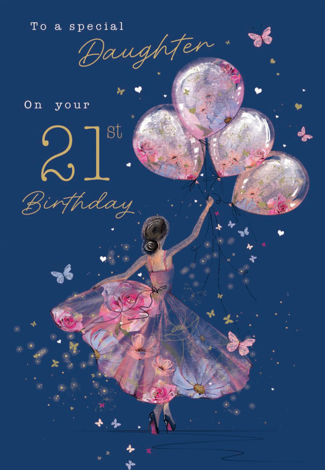 21st Birthday Card for Daughter - Age 21 Elegant Girl & Floral Balloons Design - Premium Greeting Card with Envelope