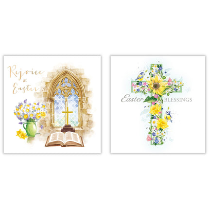 Religious Easter Greeting Cards Pack of 6 - Easter Cards with 2 Assorted Designs - Church Window and Cross - General Multipack for Family and Friends - 127 x 127mm